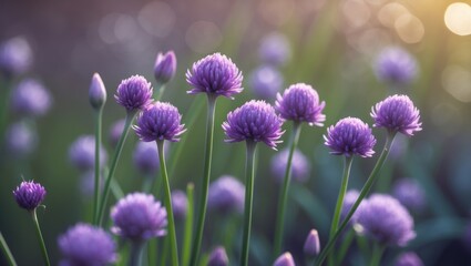 Obraz premium Bright sunlight illuminating purple chive flowers in the garden