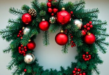 christmas wreath with ornaments hanging from it