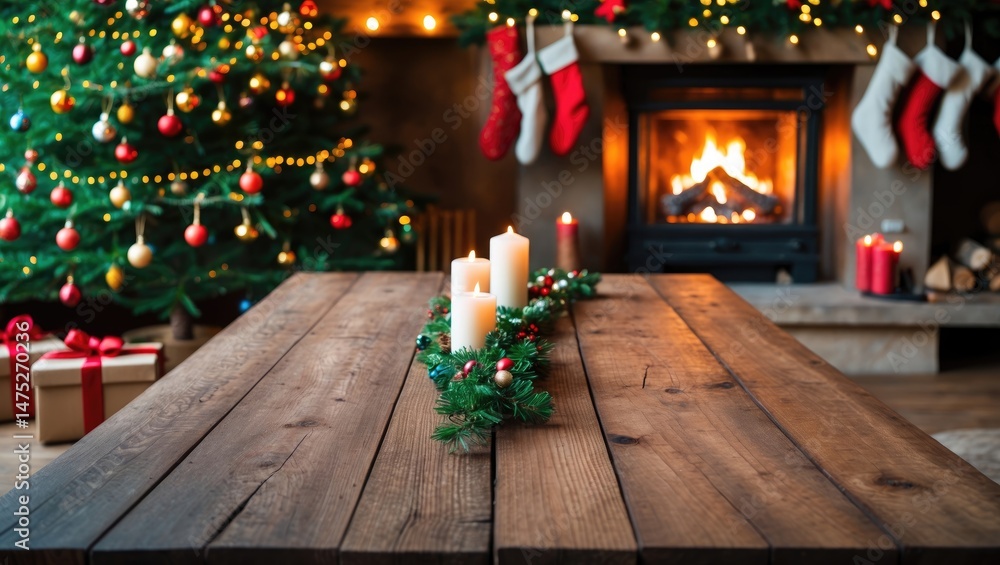 Poster unoccupied wooden table in front of a decorated fireplace and tree, designed for text insertion