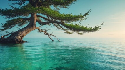 Fototapeta premium Green coniferous branch above the serene ocean landscape