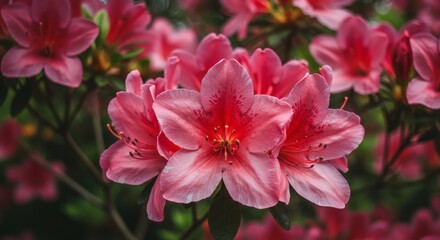 Close Up of Pink Azalea Flowers Blooming in a Garden Setting