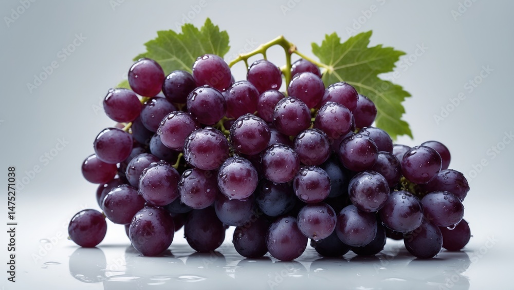 Poster isolated background of a wet bunch of grapes accompanied by leaves