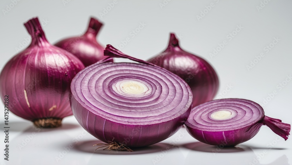 Poster isolated red onions displayed on a white surface