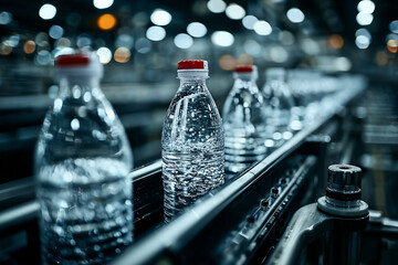 water bottles on a conveyor belt in a modern factory