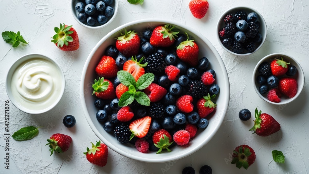 Poster healthy fruit salad served with cream on a white surface. top-down perspective. assorted berries in 