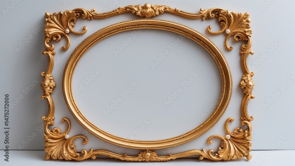 Poster retro-style golden picture frame isolated on textured wooden background