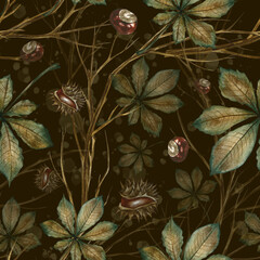 Seamless pattern with autumn chestnut leaves, twigs and fruits. Handmade watercolor illustration. On a dark background. Great for packaging, decor, textiles and wallpaper, printing and wrapping paper.