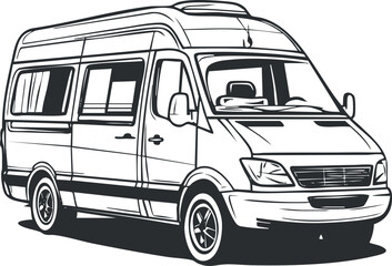 Black and white line art illustration of a high roof van viewed from the side and front © vadymstock
