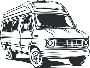 Black and white vector illustration of a camper van vehicle used for travel and outdoor recreational trips