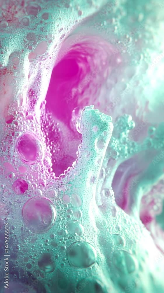 Poster digital animation of fluid shapes resembling a viscous pink liquid with a bubbly structure. pink and