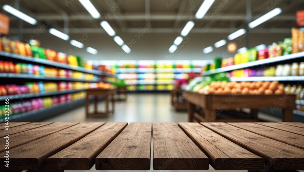 Poster display surface on a wooden tabletop with a blurred supermarket background
