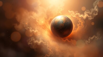 glowing surreal planet with orange and yellow ethereal clouds for use in sci fi, fantasy, or cosmic art projects
