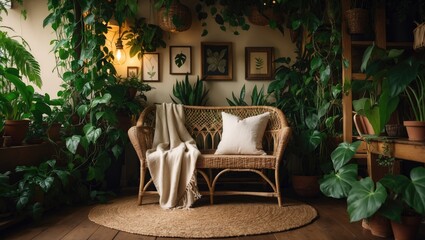 A charming and inviting sitting area brimming with plants and antique pieces.