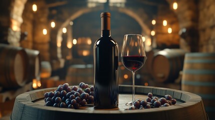 Wine bottle and glass on a barrel in a wine cellar.
