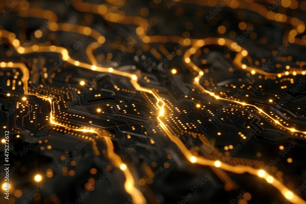 Poster a glowing abstract circuit board with golden lines and bright nodes, symbolizing digital technology 
