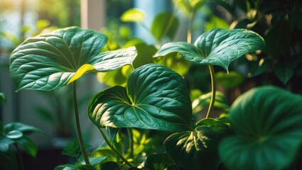 Obraz premium Intimate details of fiddle fog leaf featuring a blurred garden backdrop.