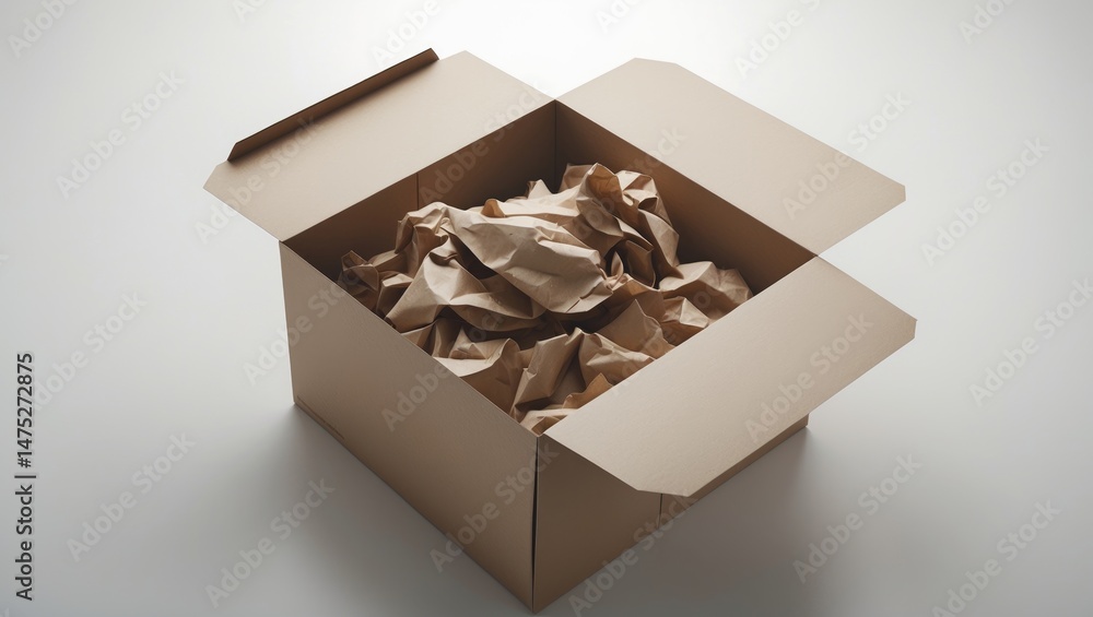 Poster cardboard box opened with paper filling inside, displayed as a top view mockup