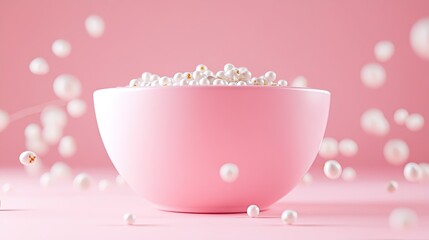 Pink bowl filled with white pearls on pink background.