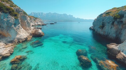 Fototapeta premium Turquoise water with rocks flanked by rocky cliffs under a sunny sky