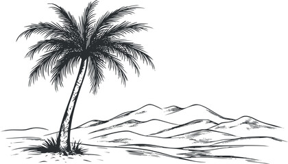 Black and white sketch of a single palm tree in a desert landscape with distant mountains.