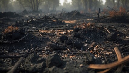 Burned earth with remnants of ash reflecting environmental and deforestation impact