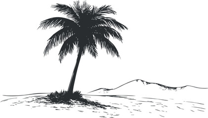 Black and white silhouette illustration of a single palm tree in a desert landscape with distant hills.
