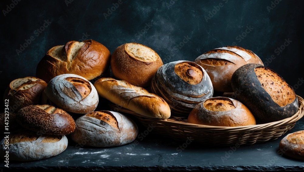 Aufkleber bakery scene featuring a selection of bread varieties on a dark surface, close-up, with space for te