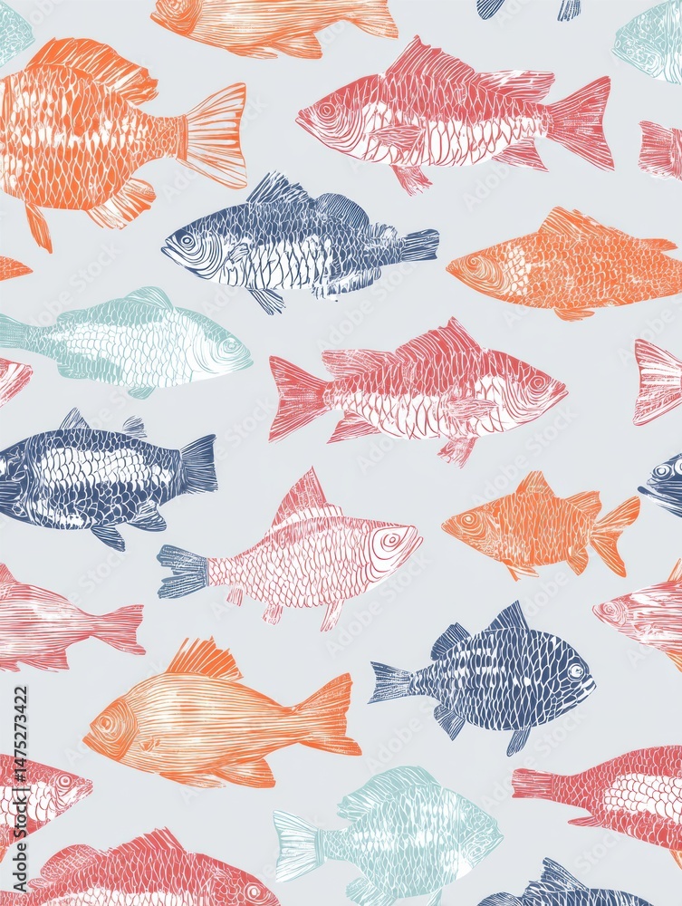 Poster Japanese Style Fish Print Pattern Featuring Colorful Fish on a Light Background With a Clean Central Area for Design Versatility