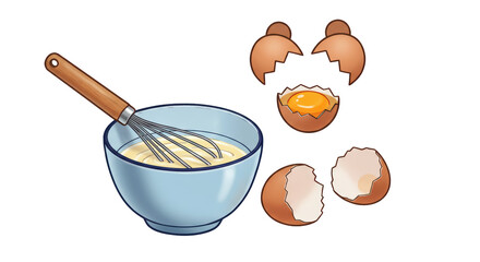 Isolated Whisk in Bowl with Cracked Eggs