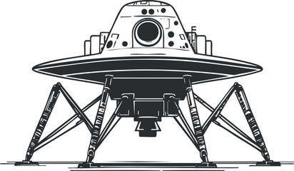 Monochrome illustration of a futuristic robotic spacecraft lander with mechanical legs on a flat surface. © vadymstock