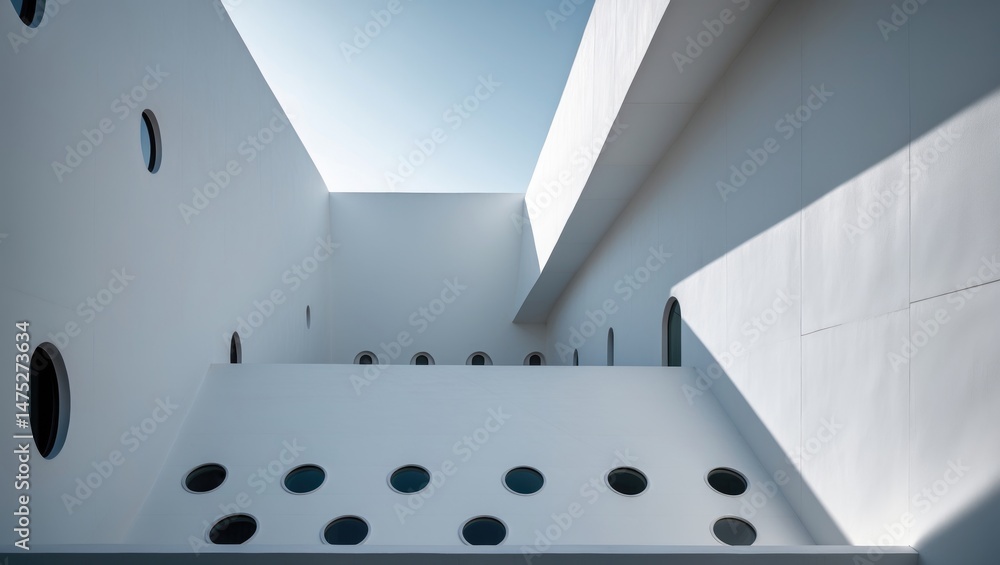 Poster Sleek contemporary architecture with white walls, tiny round windows, and a background with geometric patterns