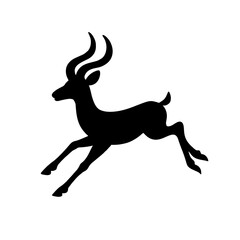 Minimalist black silhouette of an antelope mid-leap against a white background