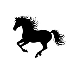 Minimalist black silhouette of a galloping horse on a white background