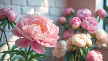 Background of a blooming pale pink peony beside a white brick surface.