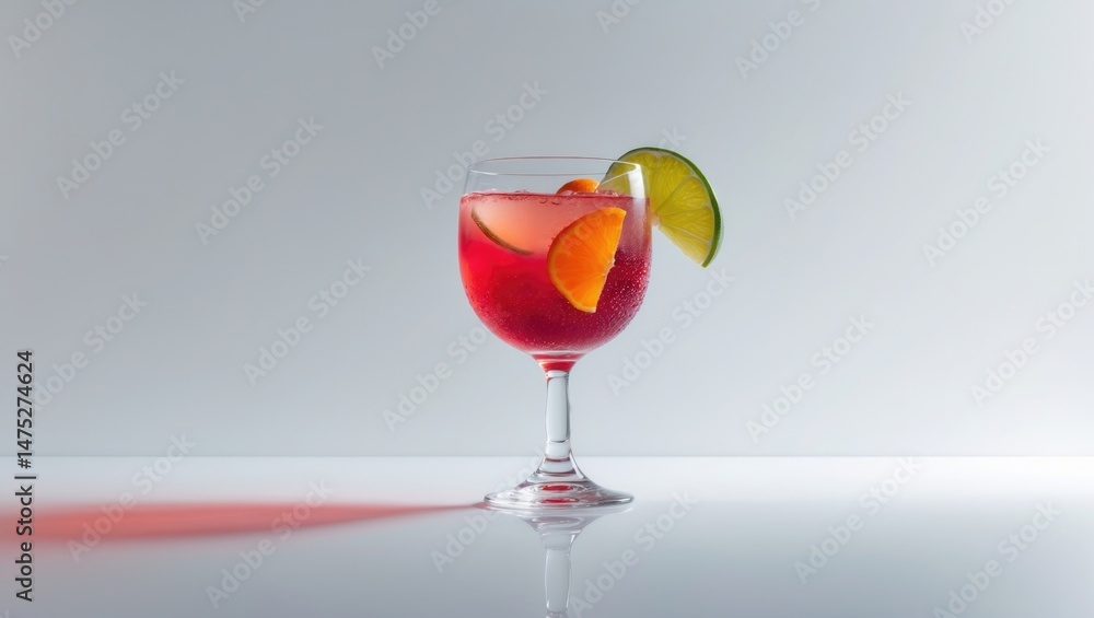 Aufkleber cold wine served in a crystal goblet with fruit, set on a reflective background