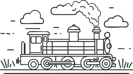 Black and white line drawing of a steam locomotive train with smoke clouds and railway track
