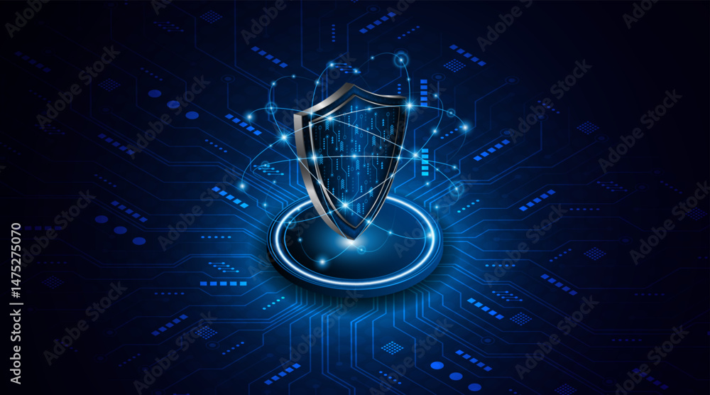 Poster Abstract technology circuit board background with shield symbols concept of data protection and cyber privacy. modern security technology innovation concept background