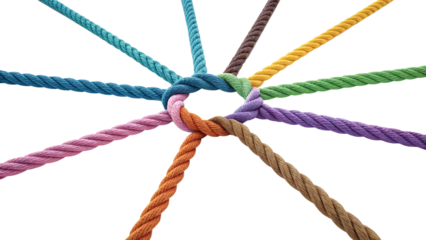 teamwork and collaboration in colorful ropes colorful rope isolated on white background.