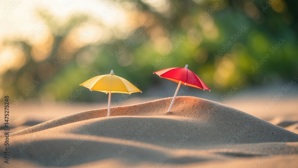 Poster miniature seaside umbrella placed on sand with a scenic natural backdrop and bokeh lighting