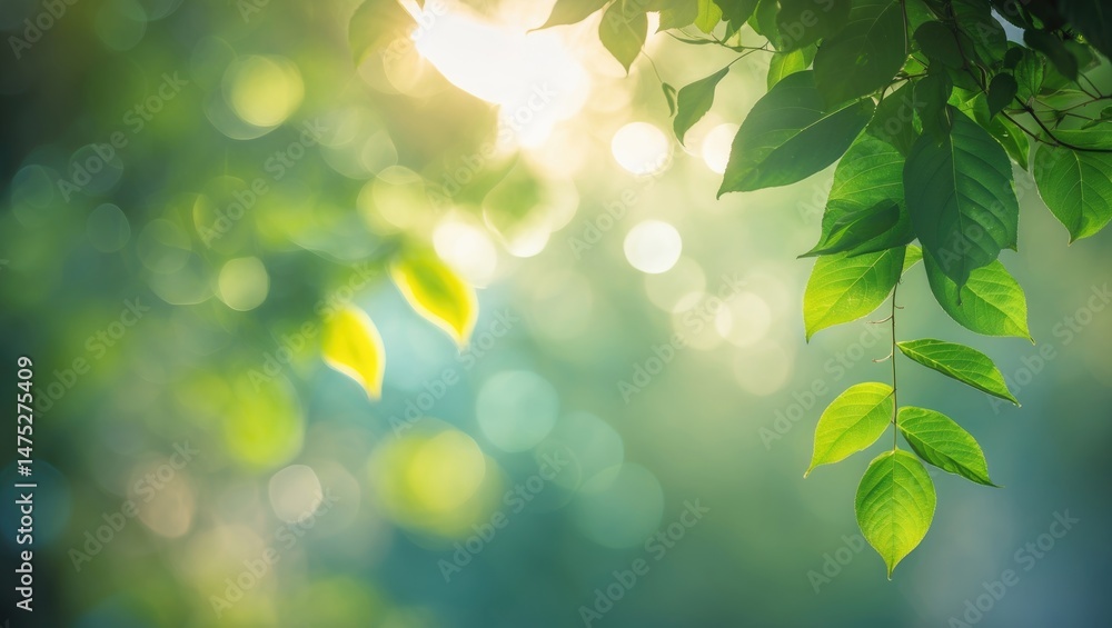 Poster tree's fresh green leaves bokeh on nature abstract background for product display, social media bann