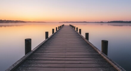Fototapeta premium Wooden Pier Stretching Over Calm Lake Water at Early Sunrise