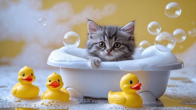 Playful kitten enjoying a bath in a soft, fluffy toy tub with bubbles and rubber ducks close by against a cheerful backdrop - Powered by Adobe