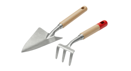 Isolated garden shovel and rake