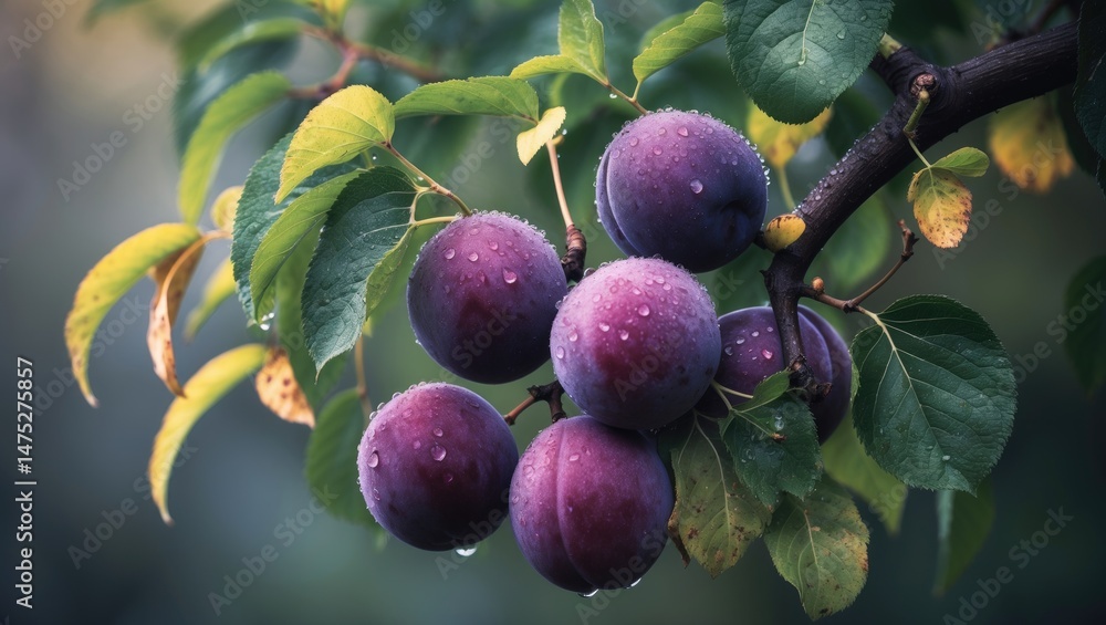 Poster tree branch with fresh ripe plums and green leaves, featuring shallow depth of field and selective f