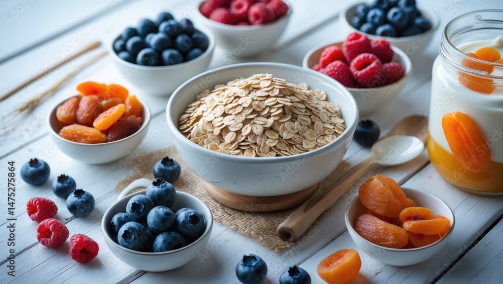 Poster breakfast featuring cereal and an array of scrumptious ingredients