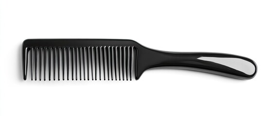 Black plastic comb with a grey handle detail isolated on white background.