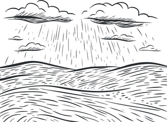 Black and white sketch of a rainy landscape with clouds and falling rain over hilly terrain