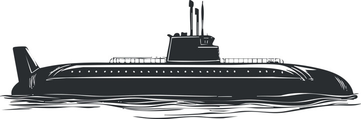Obraz premium Black silhouette illustration of a military submarine floating on the ocean surface, naval vessel concept