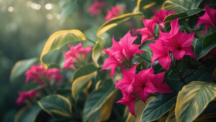 Tropical vine showcasing pink flowers and mottled leaves