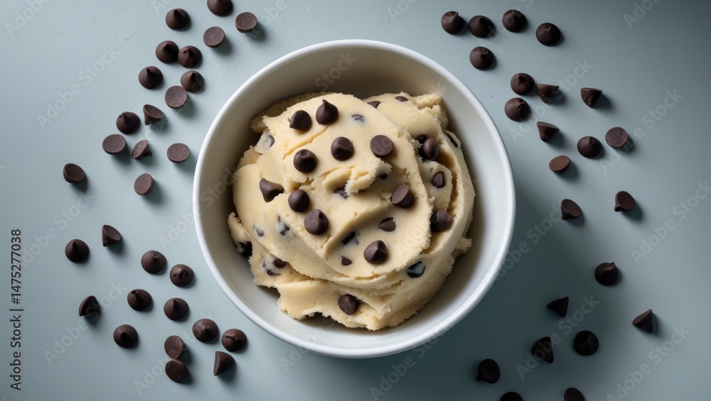 Aufkleber chocolate chip cookie dough in a bowl seen from the top, placed on a flat surface